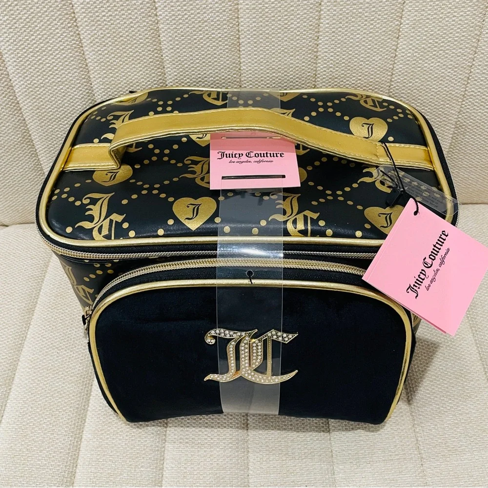 NEW Juicy Couture Black Gold Monogram Train Case Makeup Bag 2pc‎ Set Rhinestone